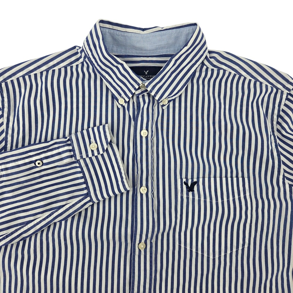 American Eagle Button Down Shirt Mens Blue White Striped Classic Fit L